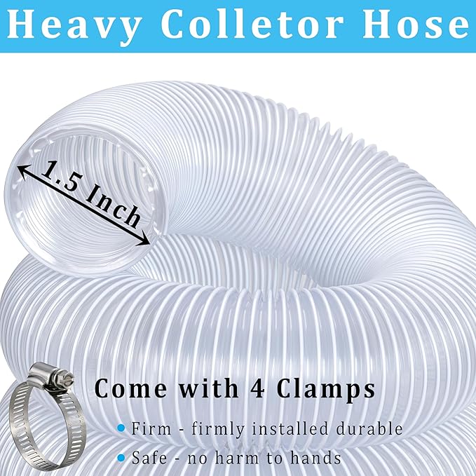 Heavy Duty Dust Collection Hose 1-1/2??- 5 ft Thicken PVC Fume Collector Hose with Spiral Steel Wire, Flexible Clear Duct Collector Hoses for Fume Debris Band Saw Jointer Wood Shop, with 4 Clamps