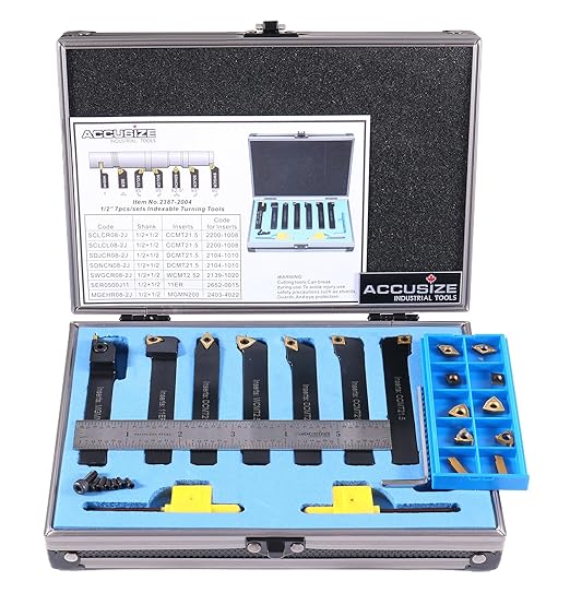 Accusize Industrial Tools 1/2'' Shank 7pc Indexable Carbide Turning Tool Set with 10 Extra TiN?멌oated Inserts, 2387??004PLUS