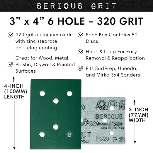 Serious Grit - 3" x 4" 6-Hole 320 Grit Sanding Sheets - Fits Surfprep, Uneeda Ekasand, Mirka DEOS 343 - Heavy-Duty Hook & Loop Film Abrasive Pads - Sandpaper for 3x4 Sheet Sanders - 50 Pack Box