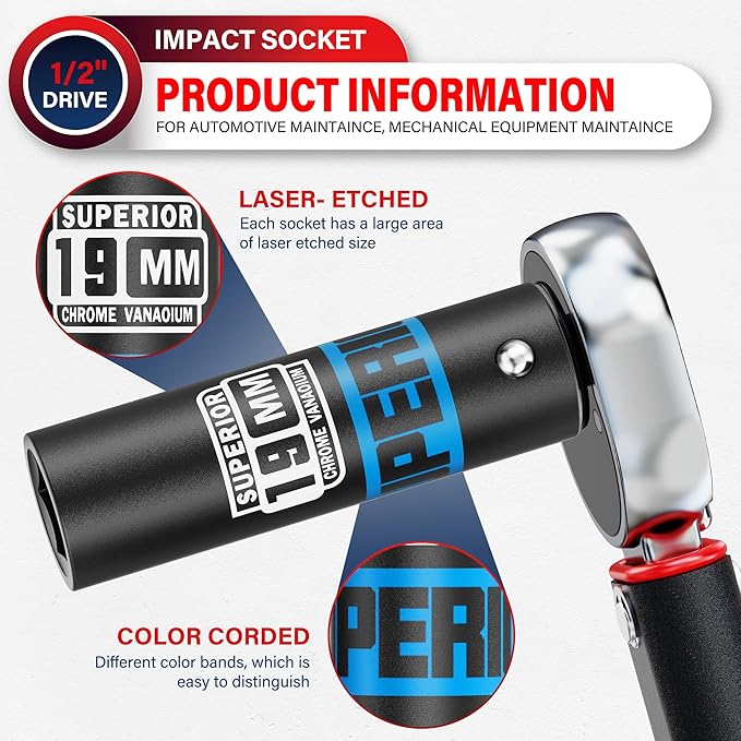 1/2" Drive Impact Socket, 19 mm Deep Socket, Metric, 6 Point, CR-V, for Automotive Maintaince, Mechanical Equipment Maintaince