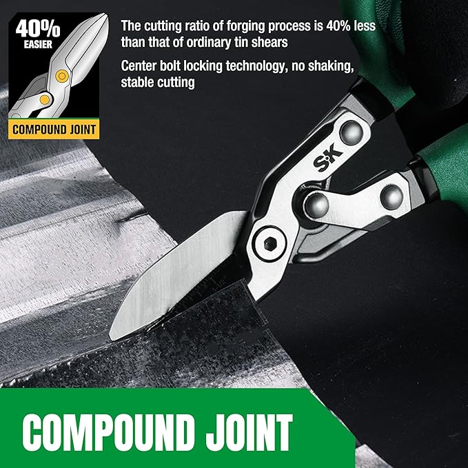 SK 8" Compound Action Tin Snips, Metal Shears with Forged Blade, Heavy Duty Metal Cutter Scissors, Ergonomic Handle for Comfortable Grip
