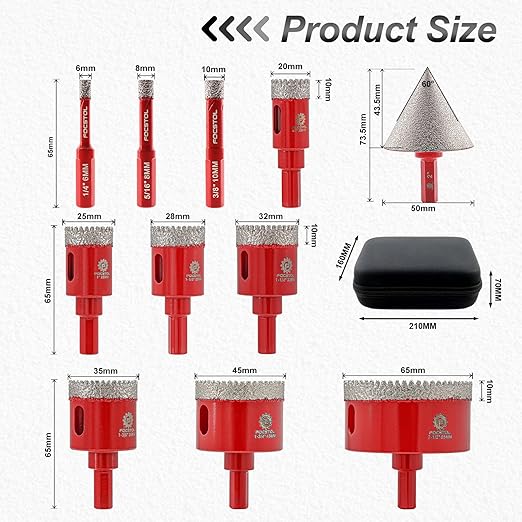 Diamond Core Drill Bit Set - FOCSTOL 11pcs (6/8/10/20/25/28/32/35/45/65mm+50mm Beveling Chamfer Bit) Hole Saw Kit for Porcelain Ceramic Tile Marble Granite with Triangle Shank