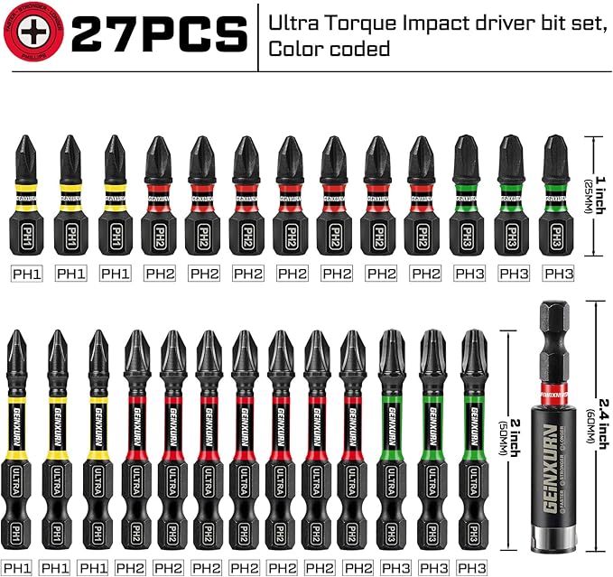 Impact #1#2#3 Phillipes Screwdriver Bits Set, 26pcs 1??2??(PH1/PH2/PH3) Magnetic S2 Steel Driver Bits Set and 1pc Impact Bit Holder with Color Coded Base