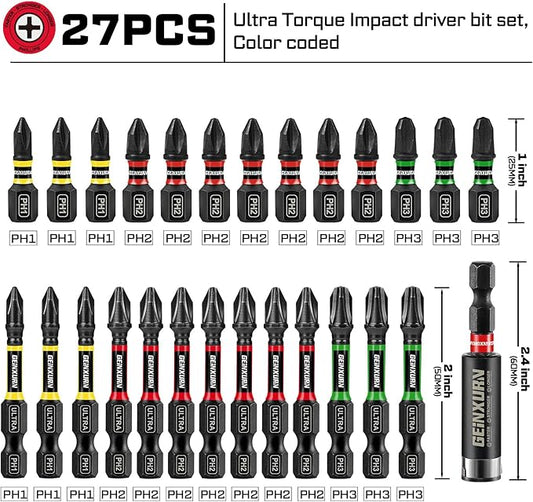 Impact #1#2#3 Phillipes Screwdriver Bits Set, 26pcs 1??2??(PH1/PH2/PH3) Magnetic S2 Steel Driver Bits Set and 1pc Impact Bit Holder with Color Coded Base