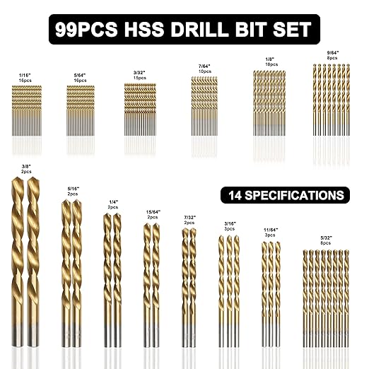 99 Pcs Drill Bit Set, 135째 Tip Titanium Coated High Speed Steel, Twist Drill Bit Kit for Iron, Aluminum Alloy, Copper, Wood, Plastic, with Hard Storage 1/16"-3/8"