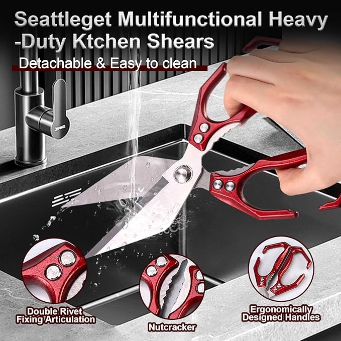 Kitchen Scissors for Food Heavy Duty Poultry Shears Built-In Nutcracker, Japanese High-Carbon Steel Culinary Shears with Ergonomic Handle, All Purpose Kitchen Tool for Chicken, Meat & Seafood (Red)
