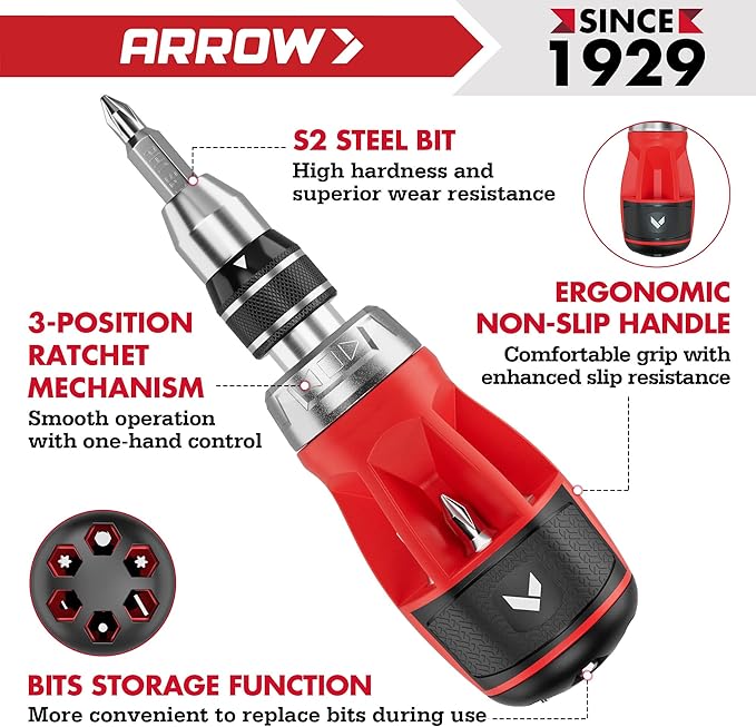 ARROW Stubby Ratcheting Screwdriver, 12-IN-1 Multi Bit Ratchet Screwdriver set, Premium S2 Steel, Innovated Bits Quick-Load Mechanism, with Phillips, Slotted, Torx, Square Bits Stored in Handle
