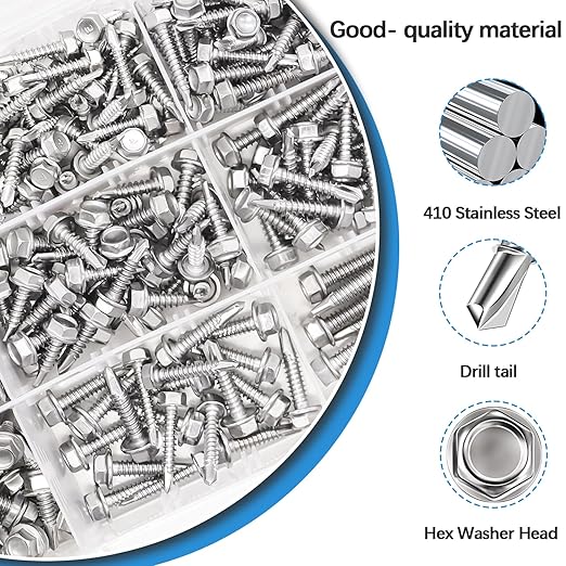 mxuteuk 390PCS Self Tapping Screws,410 Stainless Steel Self Tapping Screws for Metal,#8,#10,#12 Self Drilling Screws,Hex Washer Head Sheet Metal Screws Suitable for Wood, Metal or Tough Materials
