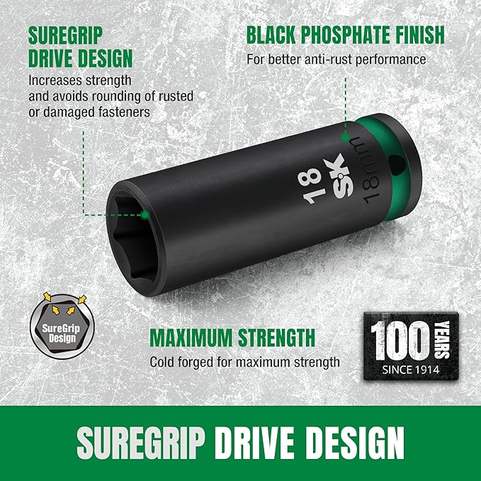 SK 1/2" Drive Impact Socket Set, Deep Metric Sockets, 13-Piece 12-27mm, Premium CR-MO Steel, SureGrip 6 Point Design, With Storage Case
