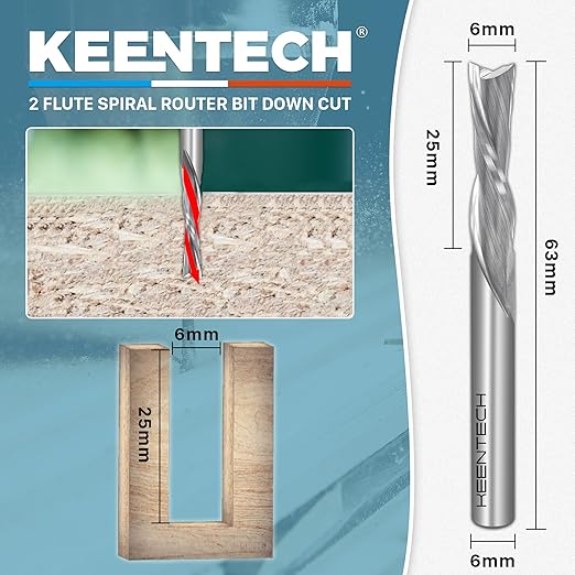 KEENTECH 6mm Shank Downcut 2 Flute Flat Tip Sprial Router Bit for CNC Router Machine, 6mm Cutting Diameter, 25mm Cutting Depth, for Wood Cutting, Custom Furniture, Slot Mortise, Engraving, Carving