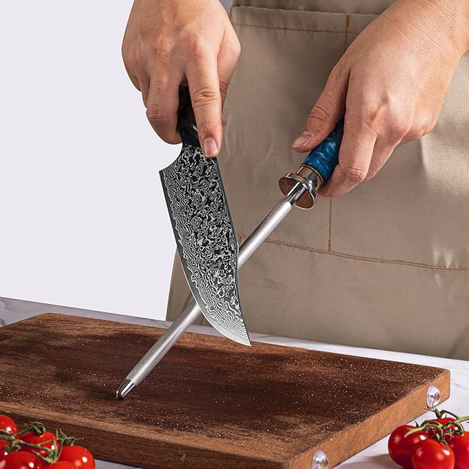 Executive 8-Inch Diamond Sharpening Rod | Blue Resin & Stabilized Wood Handle | Professional Knife Sharpening