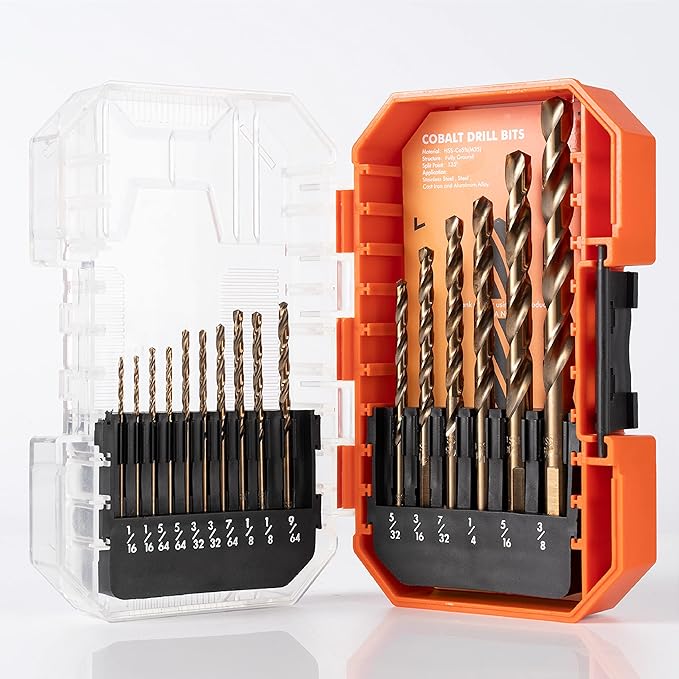 AMOOLO Cobalt Drill Bit Set 16Pcs (1/16"-3/8"), M35 High Speed Steel Metal Drill Bits Jobber Length for Hardened Metal, Stainless Steel, Cast Iron, Plastic and Wood