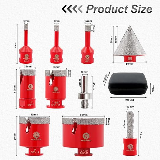 Diamond Core Drill Bit Set - FOCSTOL 10pcs (6/8/10/25/35/50/65mm+10mm Finger Milling Bit+50mm Beveling Chamfer Bit+Hex) Hole Saw Kit for Porcelain Ceramic Tile Marble Granite with 5/8''-11 Thread