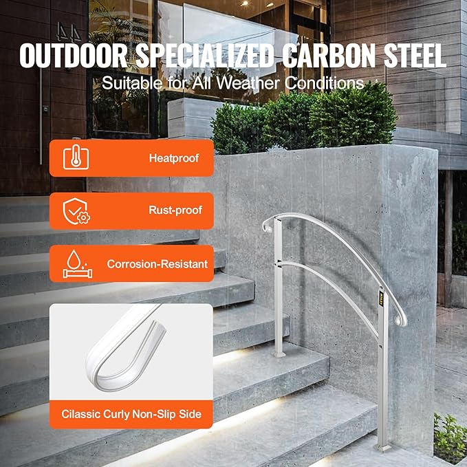 VEVOR Handrail for Outdoor Steps, 2-3 Steps White Arch#1, Adjustable Metal Staircase Railing, Thickened Stair Rails for Porch, Deck