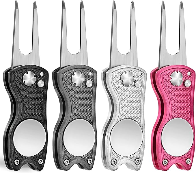 Mile High Life Golf Divot Repair Tool, All Metal Foldable Divot Tool with Pop-up Button & Magnetic Ball Marker, 2-6 Pack