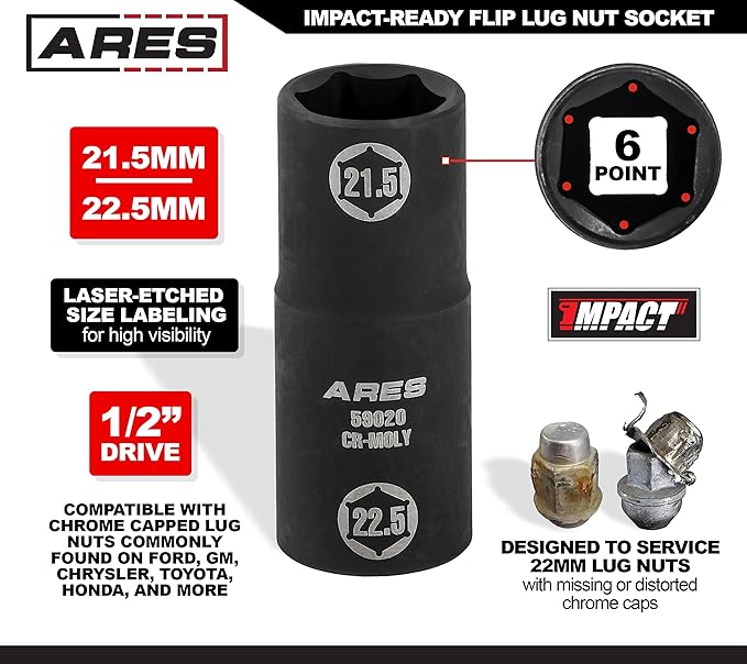 ARES 59020-1/2-inch Drive 21.5 x 22.5mm Half Size Lug Nut Flip Socket - Impact Grade Chrome-Moly Steel ??Remove Warped, Damaged, and Bloated Chrome Capped Lug Nuts