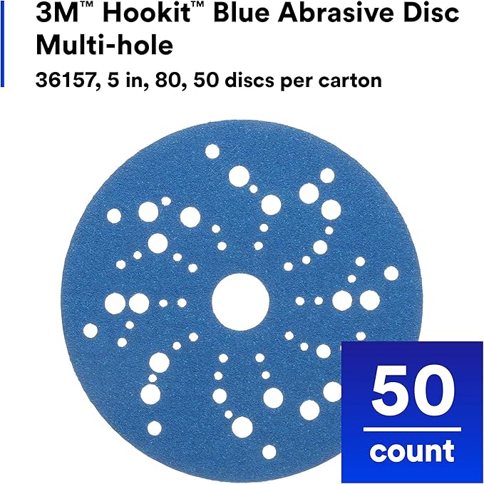 3M Hookit Blue Abrasive Discs 36157, Multi-Hole, 5 in, 80+ Grade, Pack of 50, Virtually Dust-Free, for Auto Sanding, Body Repair, Featheredging, Primer Sanding, Paint Preparation, E-Coat Sanding