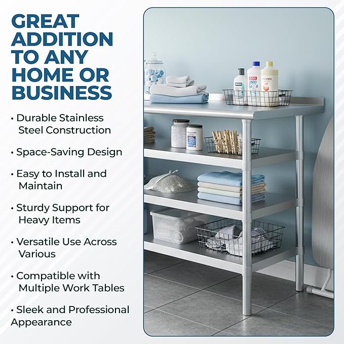 48" x 24" Stainless Steel Work Table with 1.5" Backsplash and 3 Shelves | NSF Certified Prep Table for Kitchen, Restaurant, Garage | Heavy-Duty Metal Workstation