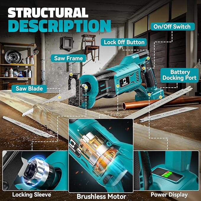 Cordless Reciprocating Saw Compatible with Makita 18V Battery, Variable Speed 1" Stroke Length,3200 SPM, Toolless Blade Change, 4 Saw Blades for Metal Wood PVC Cutting Tool Only