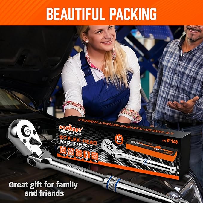 HORUSDY 3/8" Drive 90-Tooth Flex Head Ratchet Handle, 180째 Adjustable CR-V Ratchet with Quick Release & Reversible Switch, 4째 Swing Arc Socket Wrench for Automotive, Bike & DIY Repair