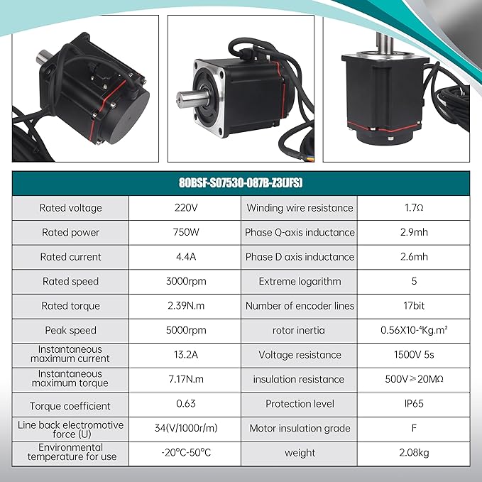 Without Brake 750W AC Servo Motor Kit, CNC 220V 4.4A 3000rpm L3000 17-bit Encoder RS485 Servo Motor Driver Controller Kit for CNC Engraver Milling Machine/Robot