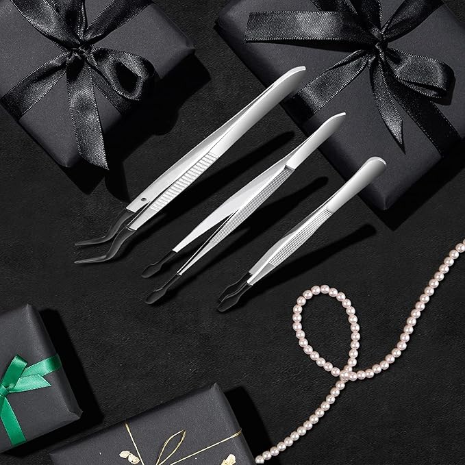 3PCS Tip Tweezers, Silicone Rubber Flat Tipped Tweezers Bent Tip for Jewelry Coin Stamp (Black)