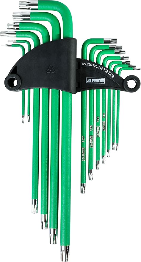 ARES 70166-13-Piece Extra Long Arm Torx Star Key Wrench Set - Chrome Finish with Green High Visibility Anti-Slip Coating - Convenient Storage Case Included