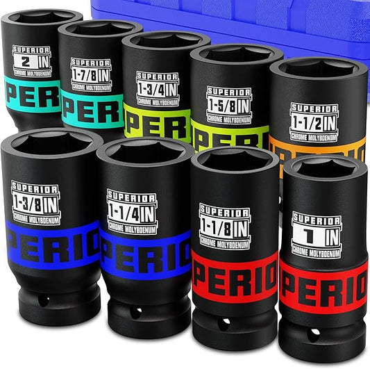 9 Piece 1" Drive Deep Impact Socket Set, 1 Inch - 2 Inch, SAE, 6-Point Design, Heavy Duty CR-MO, Truck Tire Service, Mechanical Equipment Maintance