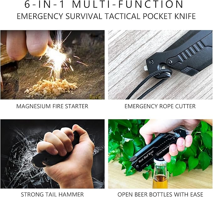 ALBATROSS Personalized Custom Engraving 6-in-1 Multifunctional Folding Pocket Knives with LED Light,Seatbelt Cutter,Glass Breaker,Magnesium Fire Starter,Bottle Opener