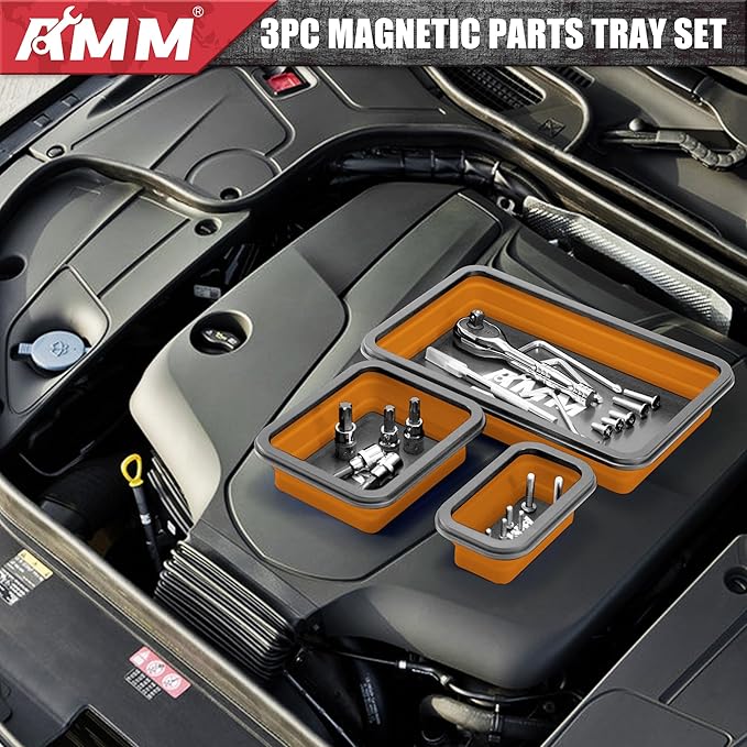 AMM Foldable Magnetic Parts Tray Set, 3 Different Size Magnetic Tool Trays for Bolts Screws Nuts & Small Metal Parts, Mechanic Tool Present for Men竊똎range