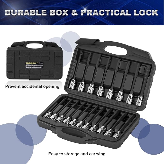 19-Piece 3/8 Inch Drive Extra Long Allen Hex Bit Socket Set, Standard SAE (1/8" - 3/8") & Metric(3mm-12mm)