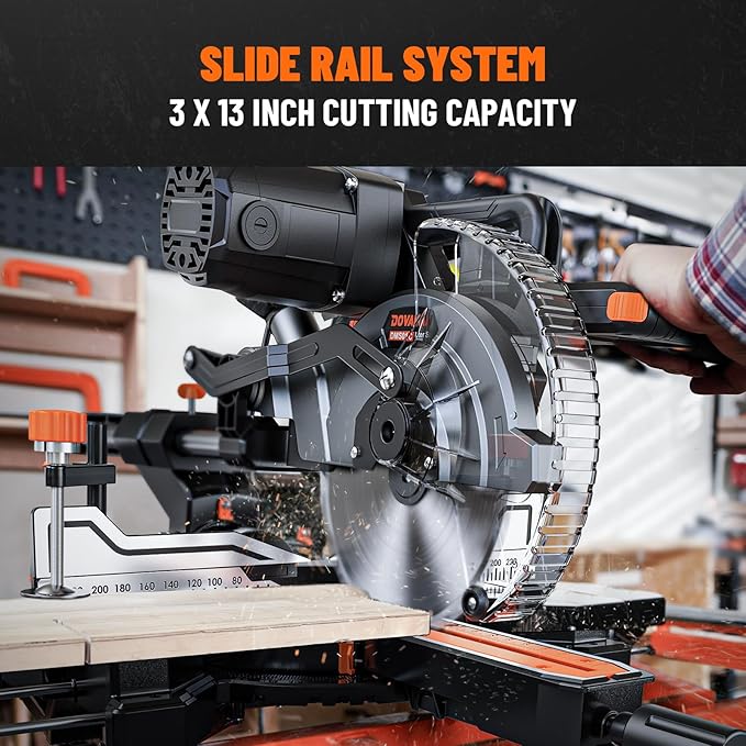 DOVAMAN Updated 10-Inch Dual Bevel Sliding Miter Saw, Multi-Material Cutting w/ 3 x TCT Blades, 2-Speed 5000/3200 RPM, LED Shadow Line, 0-45° Bevel & Miter Cut, Max Cut 3.5" x 13.4", 9 Positive Stops