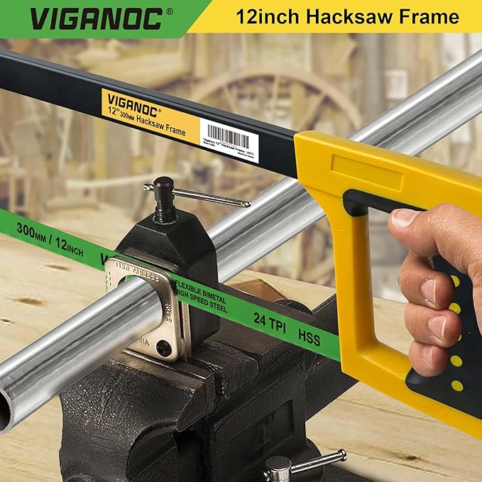 Hand Saw, 12-Inch Hacksaw with 24 TPI Bi-metal Blade, High-Tension Handsaw Frame Suitable for Metal, Wood Working