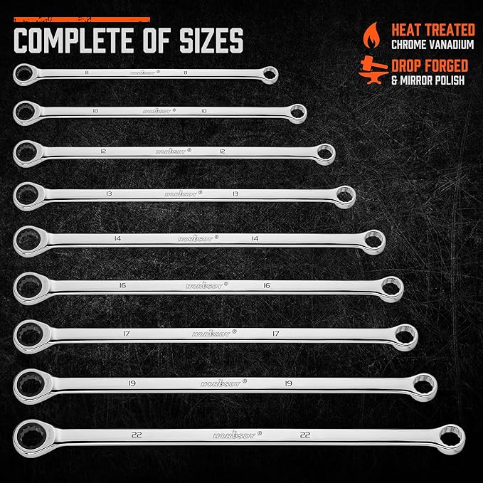 HORUSDY Extra Long Ratcheting Wrench Set, 8-22MM Double Box End, 9-Piece Metric CR-V Steel, with EVA Foam Tool Organizer