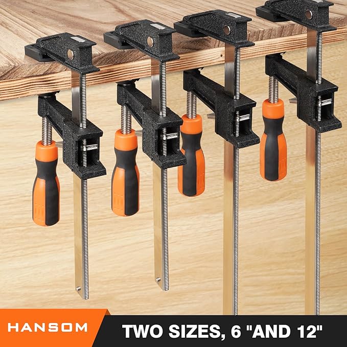 HANSOM 6-Pack 12??4)&6??2) Bar Clamps,Wood Clamps Heavy Duty Force 600 Lbs Adjustable and Release Quickly,Woodworking Clamps Throat Depth 2.5 inch with Plastic Handle