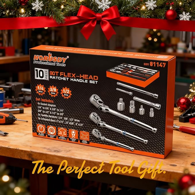 HORUSDY 10-Piece Flex-Head Ratchet Set, 1/4", 3/8" & 1/2" Drive Socket Wrenches, 90-Tooth Quick-Release Reversible Low-Profile, Extension Bars (4", 10", 6") & 4 Adapters for Bike & Home Repair
