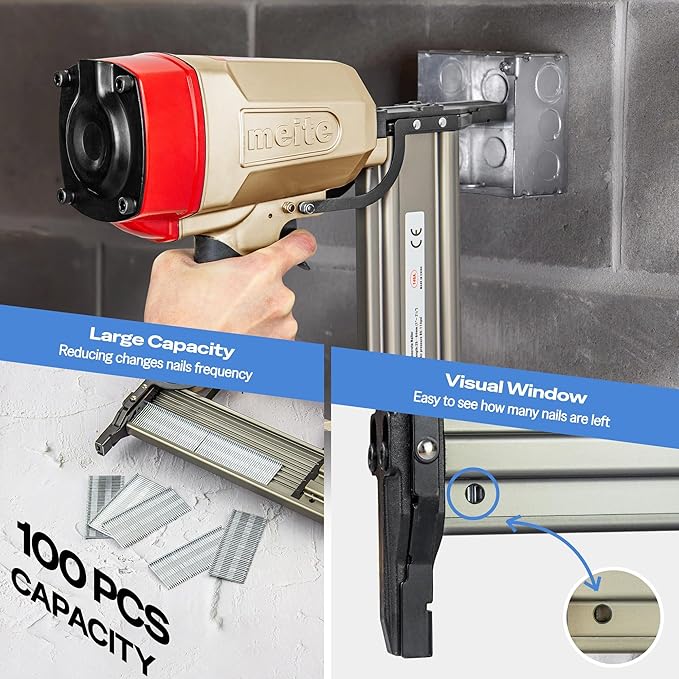 meite ST64L Concrete Nail Gun Extended Muzzle Pneumatic Concrete T-Nailer Gun for Wood-to-Concrete Projects, 100PCS Magazine, Accepts 3/4'' to 2-1/2''