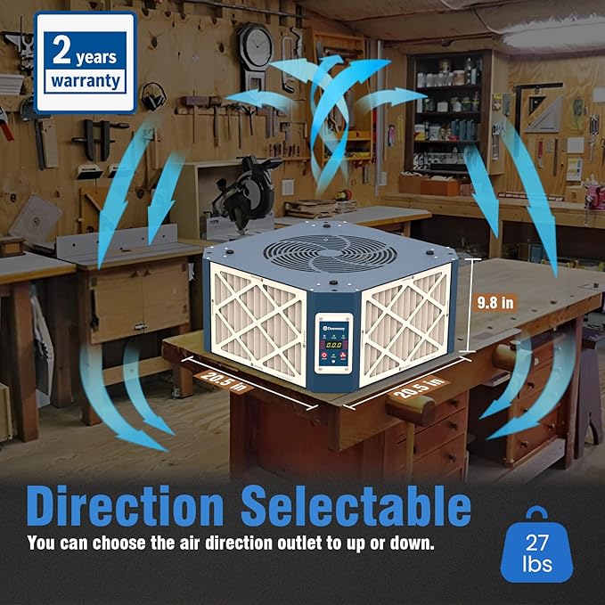 360째 Woodshop Air Filtration System Woodworking - 1050/1350 CFM, Built-in Ionizer, with Strong Vortex Fan, Shop Air Filtration for Garage, Works Shop, Dust Collectors System, KMF12D, Blue