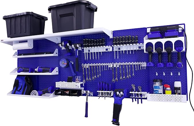 OmniWall Weekend Warrior Ultimate Tool Kit-96" x 32" Metal Pegboard Wall Storage System Blue/White
