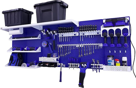 OmniWall Weekend Warrior Ultimate Tool Kit-96" x 32" Metal Pegboard Wall Storage System Blue/White