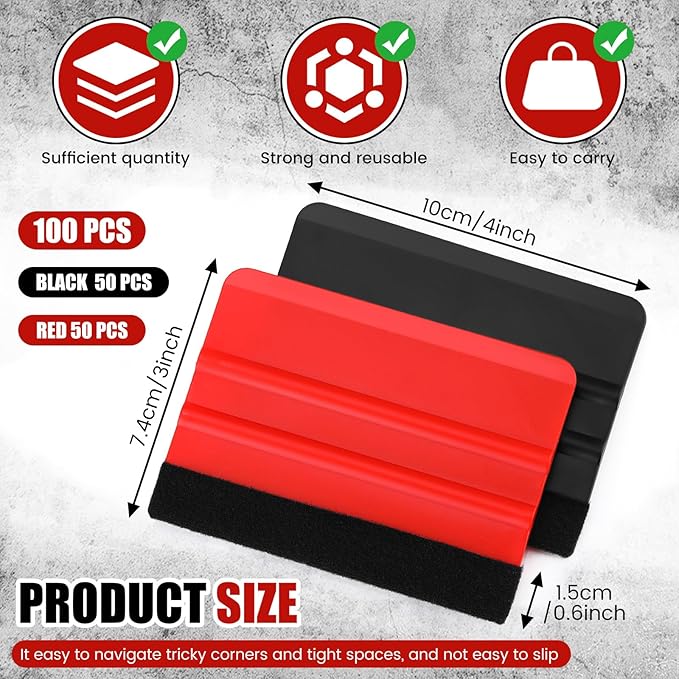 Lasnten 100 Pcs Squeegee for Vinyl Decal Tools 4 Inch Felt Edge Squeegee for Car Window Windshield Glass Cleaning Tool Vinyl Scraper Applicator Tool with Black Fabric Felt Edge(Red Black)