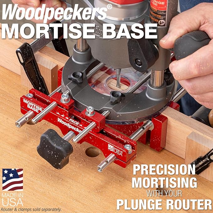 Woodpeckers Mortise Base, Dual-Fence Adjustable Router Base for Precise Mortising and Edge Guiding, Fits Plunge Routers with 5/16" Guide Rods, Aluminum & Stainless Construction, Made in USA MB-516