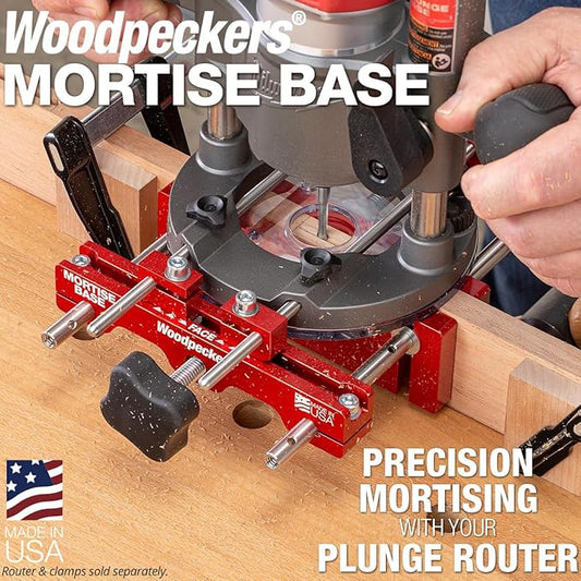 Woodpeckers Mortise Base, Dual-Fence Adjustable Router Base for Precise Mortising and Edge Guiding, Fits Plunge Routers with 5/16" Guide Rods, Aluminum & Stainless Construction, Made in USA MB-516