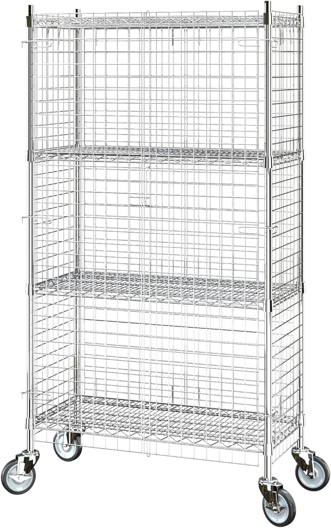 Commercial Grade NSF Listed Metal Wire Mesh Storage Chrome Mobile Security Cage Kit, 18" x 36" x 70", Perfect for Warehouse, Grocery Store, Restaurant, Dishroom