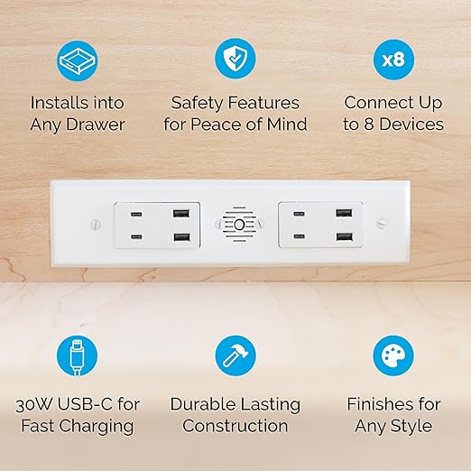 Docking Drawer Blade Duo in-Drawer Outlet, USB Only, (4) 30W USB-C & (4) USB-A, Connect 8 Devices, White