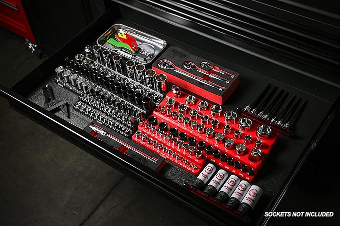 ARES 60035-3-Piece Set SAE Magnetic Socket Organizers - RED -Includes 1/4 in, 3/8 in, 1/2 in Socket Holders - Holds 68 Standard (Shallow) and Deep Sockets - Also Available in GREEN