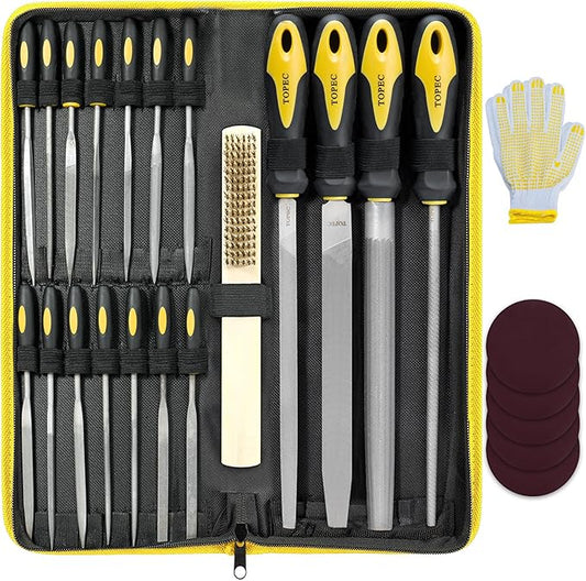 Topec 26 PCS Metal File Set, Grade T12 Forged Alloy Steel, Flat/Triangle/Half-round/Round File Set for Metal Work, Ideal Wood Rasps for Woodworking