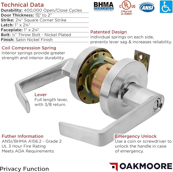 Heavy Duty Commercial Bathroom Door Handle with Lock | Privacy Commercial Door Locks | Grade 2 Restroom Lever | For Offices & Industrial Use | UL CUL & ADA ??Nickel Chrome Finish ??ANSI A156.2