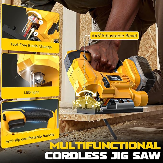 Ecarke Cordless Jig Saw Compatible With Dewalt 20V Max Battery (Only Tool), 4 Orbital Sets, 6 Variable Speeds Control, Dust-Blowing, ±45° Bevel Cuts, LED Light and 6PCS Blades For Cutting