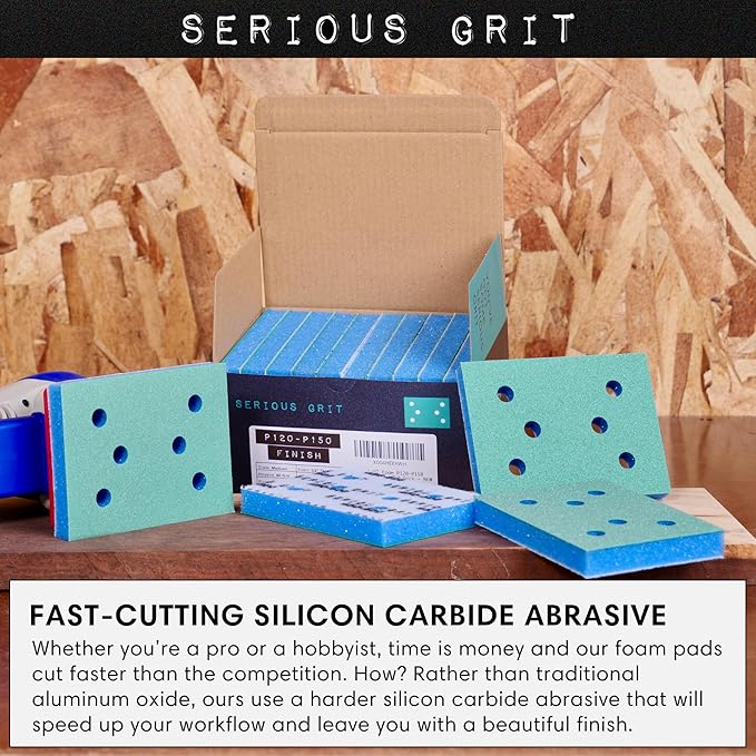 Serious Grit - 3" x 4" Foam Abrasive 120-150 Finish Sanding Pads - Fits Surfprep, Uneeda Ekasand, & Mirka - 1/2" Thick Soft Foam Hook & Loop Sandpaper Pads for 3x4 Sanders - Made in USA - 10 Per Box